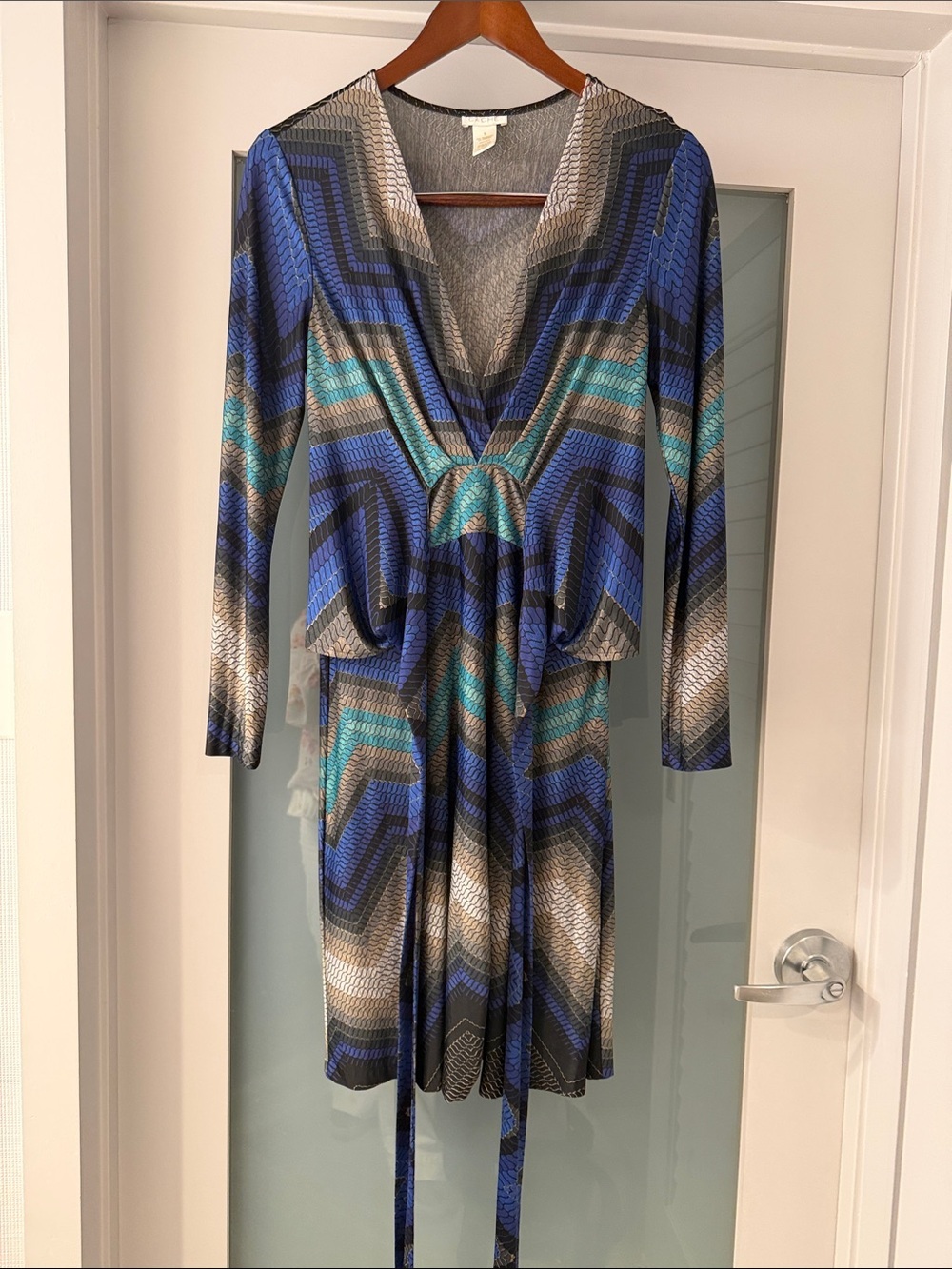 Cache Long-Sleeve Chevron Wrap Dress in Blue, Teal and Gray